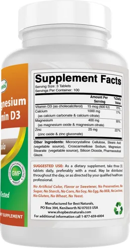 Vista 5 de Best Naturals Calcio y magnesio zinc con vitamina D3, 300 tabletas - Calcio 1000 mg, magnesio 400 mg, zinc 25 mg y D3 600 UI por porción (3 tabletas)