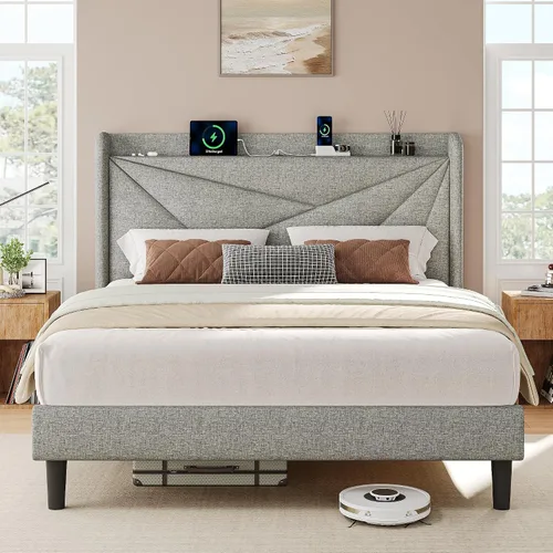 Vista 13 de iPormis Base de cama tamaño Queen con estación de carga, marco de cama de plataforma de lino con cabecera tapizada con respaldo de ala, soporte