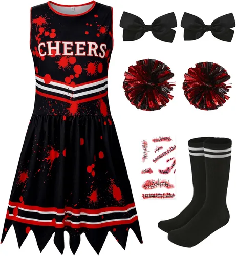 Vista 4 de Disfraz de animadora para niña, conjunto completo, accesorios de Halloween Negro Rojo 1