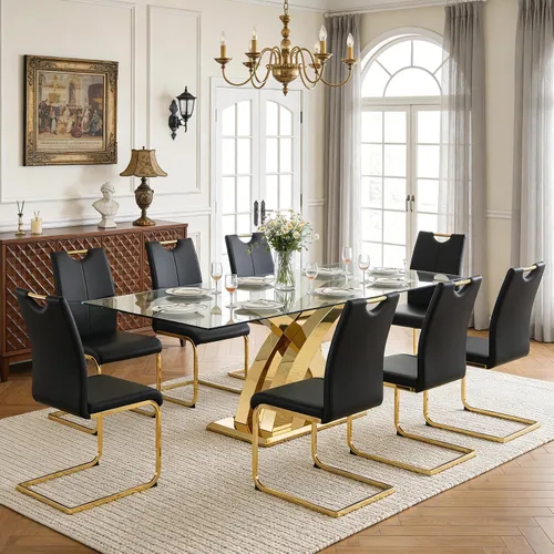 Vista 47 de Juego de mesa de comedor de vidrio de 70 pulgadas para 4, mesa rectangular de cristal dorado con 4 sillas de piel sintética, juego de mesa de Mesa