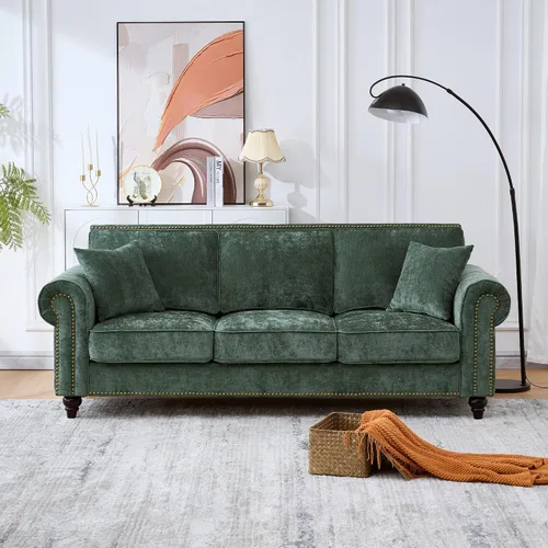 Vista 5 de Juego de sofá moderno y sofá biplaza Chesterfield de chenilla de lujo, cómodo juego de sofá tapizado con asiento profundo con reposabrazos Verde