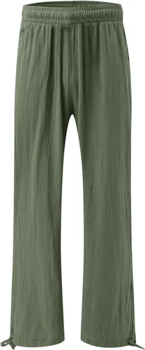 Vista 4 de Pantalones de lino para mujer, de verano, de cintura alta, pierna ancha, casuales, cintura elástica, pantalones palazzo, pantalones de playa