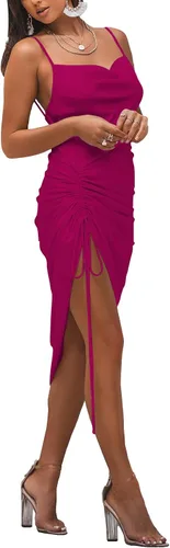 Vista 3 de LYANER - Vestidos de satén para mujer con tirantes delgados y cuello vuelto holgado largo debajo de la rodilla diseño sexy fruncido ideal para cóctel