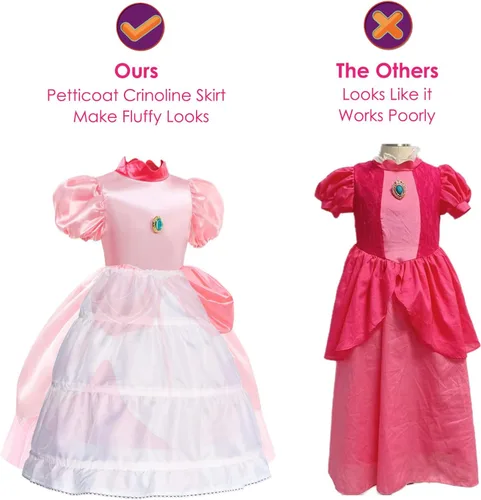 Vista 4 de Popuid Girls Princess Peach Costume Dress with Crown Gloves Wand Handbag, Funny Kids Super Bros Theme Party Halloween Outfits