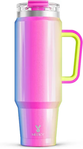 Vista 30 de Meoky Vaso de 40 onzas con asa y pajita, vaso aislado con tapa y popote, taza de viaje de acero inoxidable, mantiene el frío durante 34 horas, 100%
