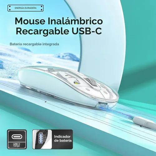 Vista 3 de Uiosmuph Ratón Bluetooth inalámbrico, trimodo (BT5.1/5.1+USB), USB C recargable, clic silencioso, cubierta transparente, nivel de batería visible
