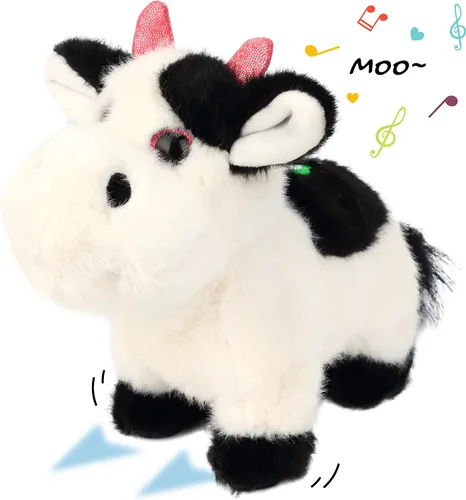 Vista 7 de Vaca Negra Caminando Animal de Peluche Hablando Moo de Peluche Ganado Eléctrico Interactivo Animado Juguetes de Peluche para Niñas Niños Cumpleaños
