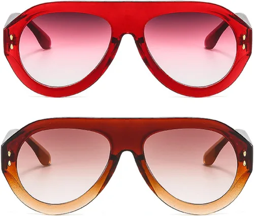 Vista 15 de Gafas de sol de piloto de moda populares para mujer, sombras UV400 Remaches retro decoración gradiente tendencia hombres gafas de sol redondas Rojo
