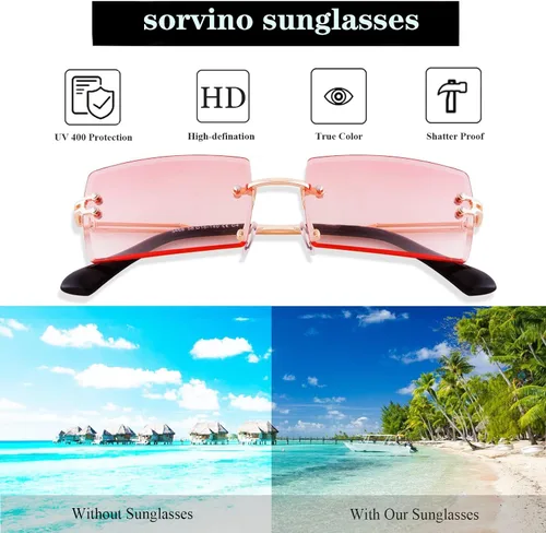 Vista 6 de SORVINO Lentes de sol rectangulares sin montura para mujeres y hombres, a la moda, color rosa transparente, lentes tintados azules sin marco