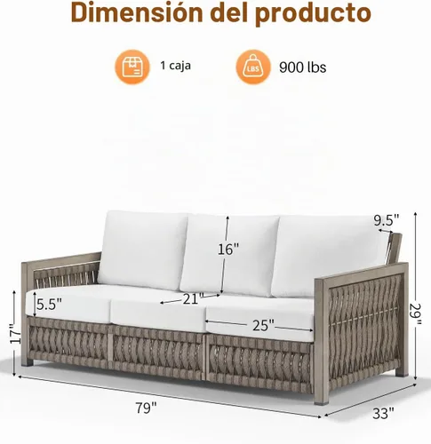 Vista 3 de Sofá de 3 asientos para exteriores, sofás de aluminio para patio con cojines gruesos, nunca se oxidan con tejido de cuerda de 3 plazas, sofá