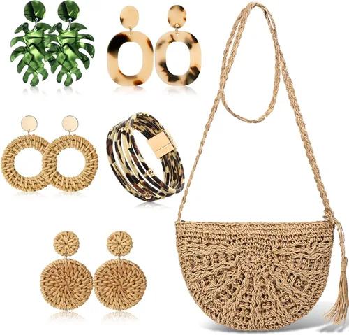 Vista 8 de Hicarer Beach Purse Earrings Set Straw Bag Vacation Purse with 4 Rattan Boho Tropical Earrings Leopard Bracelet