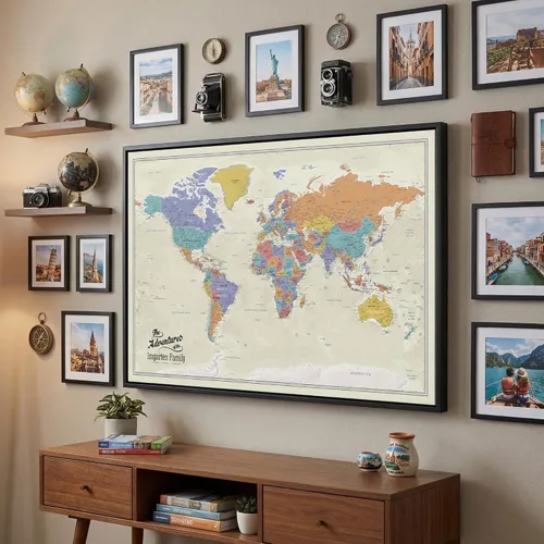 Vista 9 de Lienzo - Mapa de viaje personalizado del mundo Tan Oceans con chinchetas y marco blanco texturizado