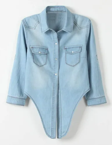 Vista 2 de Omoone - Camisa corta de mezclilla para mujer, con manga 34 y nudo