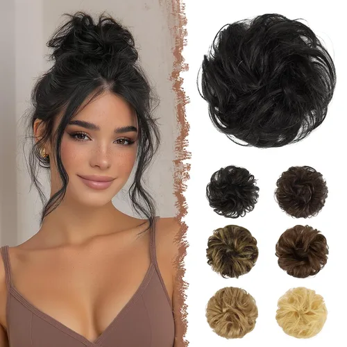 Vista 8 de FESHFEN - Extensiones de moño desordenado humano 100% cabello real, piezas de cabello rizado, extensiones de cola de caballo, cabello ondulado