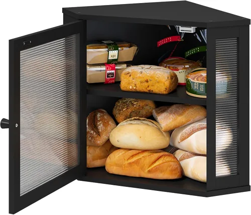 Vista 3 de viewcare Caja de Pan de Esquina para Encimera de Cocina, Caja de Pan de Madera de Bambú Negra, Caja de Almacenamiento de Pan de Gran Capacidad