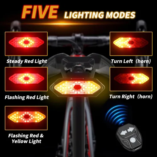 Vista 3 de Luz trasera de bicicleta con señales de giro Luz trasera de control remoto inalámbrico 5 Modes, USB Rechargeable, with Bike Alarm, IPX2