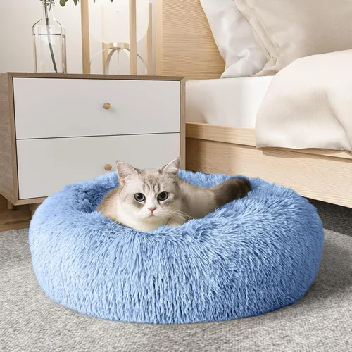 Vista 31 de Cama calmante para perros y gatos, cama antiansiedad, de felpa, con forma de dona, redonda, acolchada, de piel sintética, suave y esponjosa