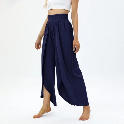Vista 5 de Bemona Pantalones de pierna ancha para mujer, pantalones de yoga de cintura alta con aberturas, pantalones casuales de playa palazzo para mujer
