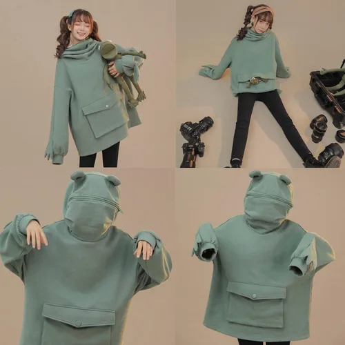 Vista 4 de Sudadera con capucha de rana con cremallera para mujeres, adolescentes y niñas