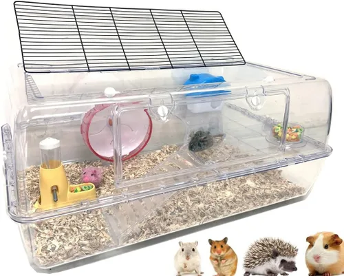 Vista 8 de Gran Deluxe de 2 pisos acrílico transparente hámster ratón, palacio, reptiles, hábitat, extensible y personalizable, rueda de ejercicio, botella