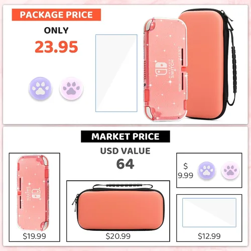 Vista 7 de HYPERCASE Carrying Case for Nintendo Switch Lite, Pink Protective Hard Portable Travel Pouch Case for Switch Accessories with 8 Game Cartridges, TPU