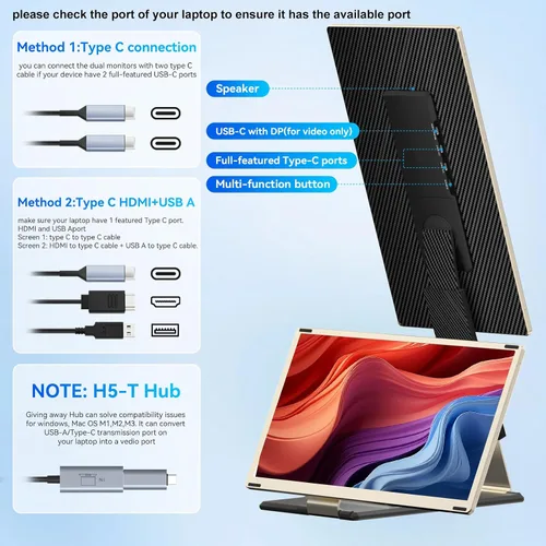Vista 5 de Extensor de pantalla para laptop, monitor portátil de 15.6 pulgadas, monitor de viaje ultradelgado FHD 1080P con altavoces, extensión de pantalla