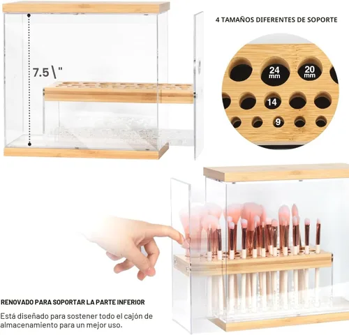 Vista 3 de JackCubeDesign MK228C - Organizador de cepillos de bambú acrílico de 31 agujeros con cajón de cuero (negro, 8.8 x 3.4 x 8.5 in)