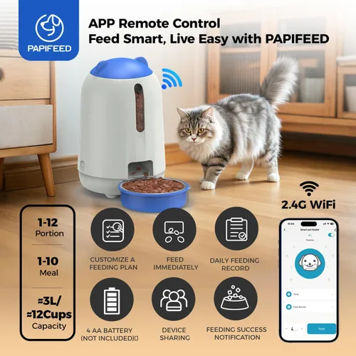 Vista 2 de PAPIFEED Comedero Automático para Gatos, Dispensador de Comida para Gatos WiFi de 2.4G con Control de Aplicación, Comedero Automático para Mascotas