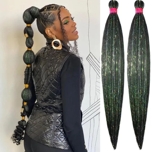 Vista 12 de Cabello trenzado verde con lentejuelas de 26 pulgadas, preestirado, trenzas de textura Yaki, extensiones de cabello pre plumadas, 3 paquetes, fácil