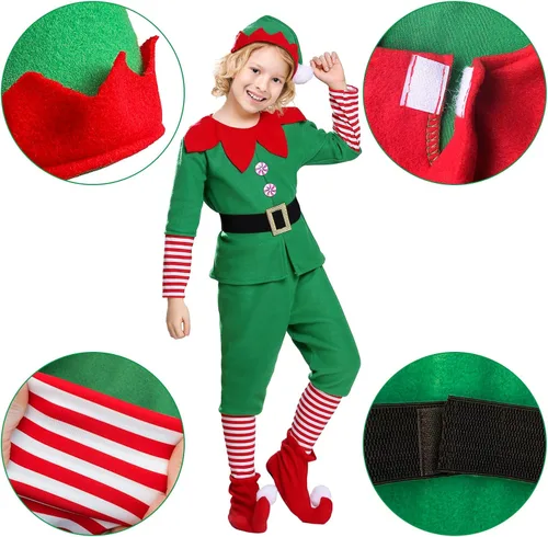 Vista 3 de Cowaski Disfraz de elfo para niños, disfraz de elfo de Navidad para niñas y niños. Disfraz de ayudante de Papá Noel, traje festivo de Navidad