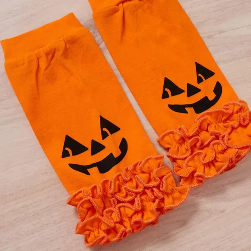 Vista 5 de Disfraz de Halloween para bebé niña con volantes de manga larga con fantasma de calabaza + falda tutú de tul, calentador de piernas + diadema