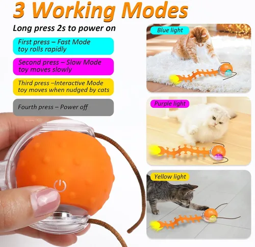 Vista 5 de Waaiio Juguete interactivo para gatos con cola de ciempiés, bola rodante rápida, juguetes recargables para gatos adultos aburridos