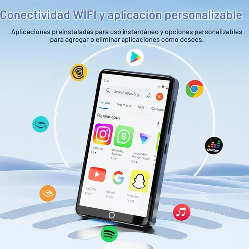 Vista 2 de Reproductor de MP3 Conrain de 80GB con Bluetooth y WiFi, Reproductor de MP3 Android con pantalla táctil de 4.02" con cámara trasera de 13MP