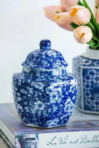 Vista 6 de T2 Concept - Juego de 3 tarros de jengibre decorativos orientales, azul y blanco, 100% porcelana, patrón floral A: 4.5 x 6 pulgadas de profundidad x
