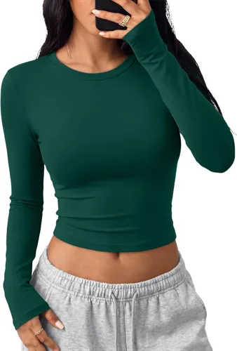 Vista 14 de Trendy Queen Camisetas cortas de manga larga para mujer, camisetas básicas Blanco