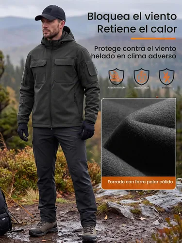 Vista 4 de FREE SOLDIER Chaqueta impermeable Softshell con forro polar para hombre, chaqueta táctica militar con capucha rompevientos Negro