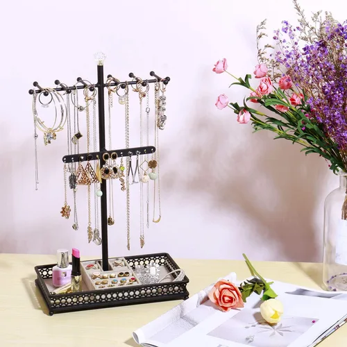 Vista 2 de Meangood Organizador de soporte para árbol de joyería, organizador de collares 3 en 1, exhibición de pulseras, aretes y bandeja para anillos