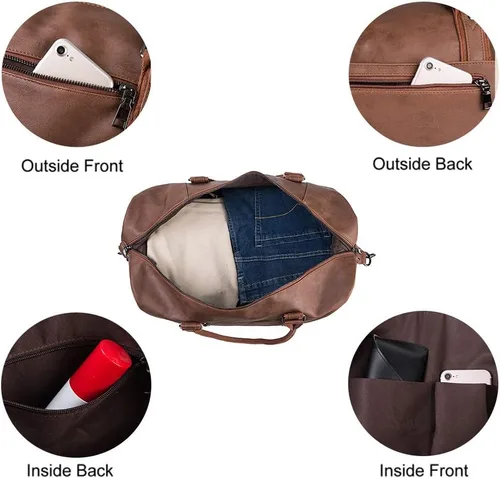 Vista 4 de Overnight - Bolsa de viaje de lona de cuero de gran tamaño para fines de semana bolsa de transporte grande para hombres o mujeres Marrón Clásico