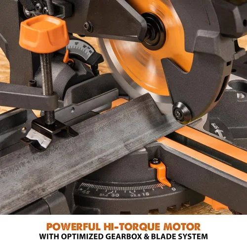 Vista 8 de Sierra de inglete deslizante Evolution Power Tools R185SMS+ con corte multimaterial, bisel de 45 grados, inglete de 50 grados, deslizamiento de 210