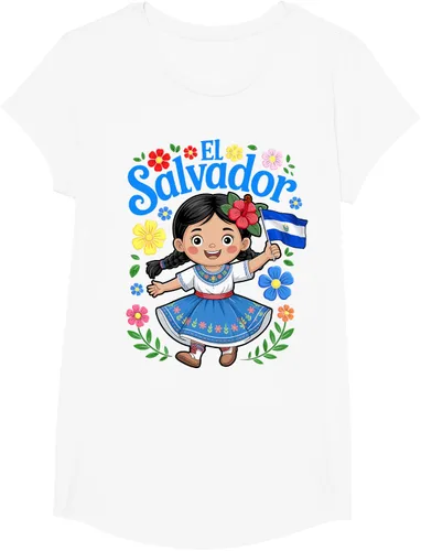 Vista 20 de Camiseta de estilo tradicional floral para niña con la bandera de El Salvador
