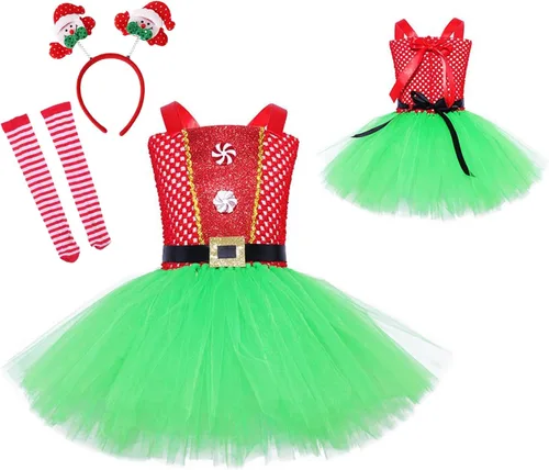 Vista 9 de BBAUER Cute Puffy Tulle Xmass Outfit,Christmas Girls Santa Costume with Hairband and Sock, Tutu Santa Costume Cosplay Outfit