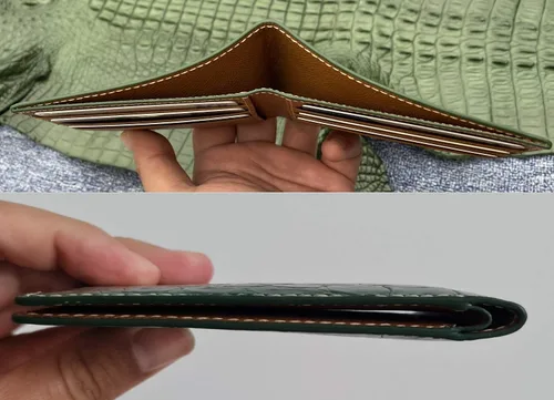 Vista 4 de HATA Cartera plegable de cocodrilo para hombre, hecha a mano para vientre o bocina con bloqueo RFID por vietnamita, Costuras dobles verde-cocodrilo