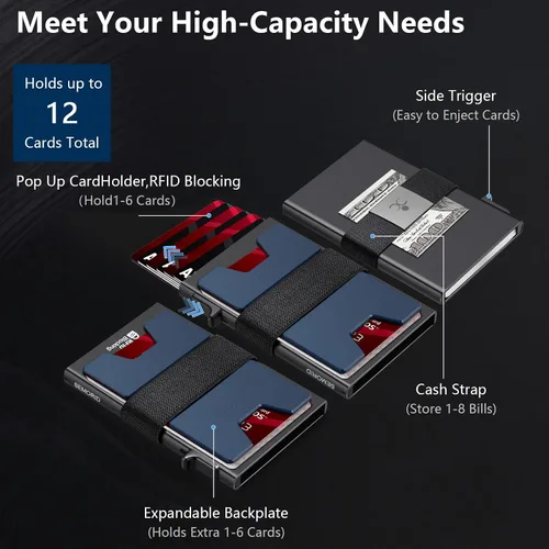 Vista 63 de Cartera delgada de aluminio para hombre, placa trasera expandible duradera, bloqueo RFID, billetera desplegable de metal minimalista, con capacidad