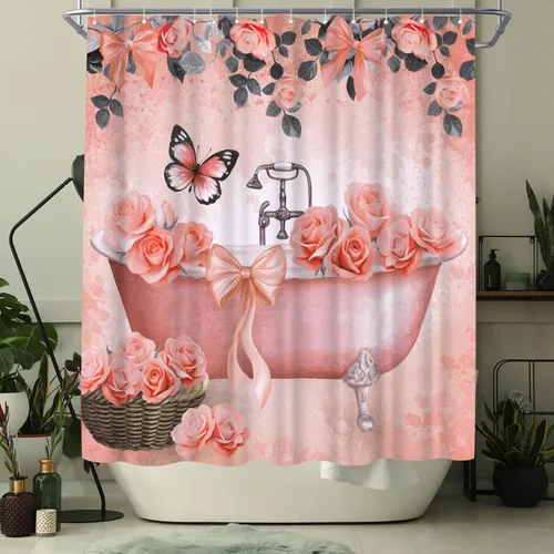 Vista 6 de WELMECO - Cortina de ducha naranja con lazo para bañera y niñas, decoración