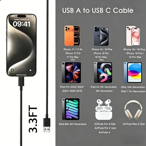 Vista 2 de Cable de carga corto USB A a USB C de 1.5 pies, cable de carga Carplay para iPhone 17/16/15, iPhone 17E/16E, 15/16/17 Pro Max 15 16 Plus, iPad 10ª