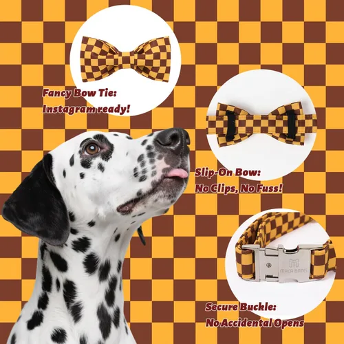 Vista 4 de Collar de perro a cuadros de búfalo amarillo otoñal con pajarita elegante Otoño-Lazo-Cuadros Amarillo