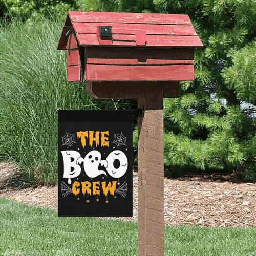 Vista 4 de Banderas de Halloween para patio, bandera de jardín The Boo Crew, bandera de jardín de doble cara, tamaño único, banderas retro para casa