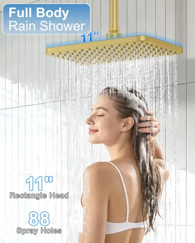 Vista 5 de 11" Brushed Gold Rainfall Shower System – Complete Spa Faucet Set with Filtered Handheld Sprayer & Mixer Valve – Modern High Pressure Bathroom