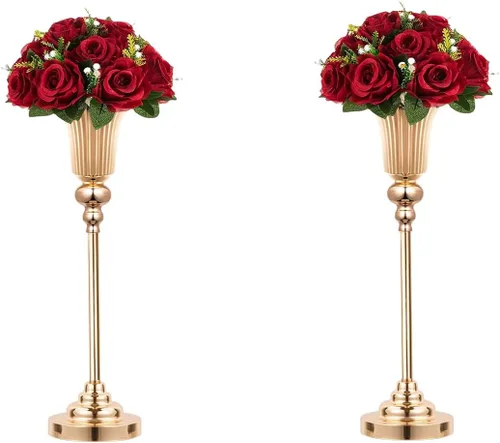 Vista 9 de Jarrones altos dorados versátiles de 32.2 pulgadas de altura para centros de mesa, jarrones de trompeta de metal para centros de mesa de bodas