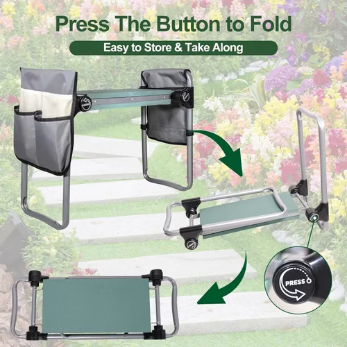 Vista 5 de LUCKYERMORE Taburete plegable de jardín y asiento, taburete de jardinería de nueva generación con 2 bolsas de herramientas, con almohadilla